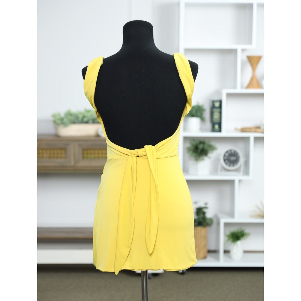 Sunshine Yellow Ruched Bodycon Mini Dress Open Back Knot Detail Y2K Going Out - Picture 7 of 16
